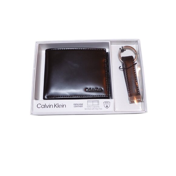 NIP Calvin Klein Men's RFID XCAP Slimfold Wallet & Key Fob Set Leather Brown - Picture 2 of 7